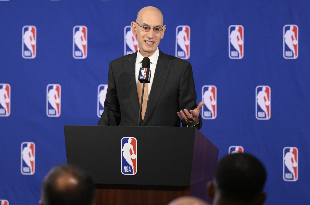 NBA commissioner talks with the media following the league board of governors meeting on March 25, 2026.
