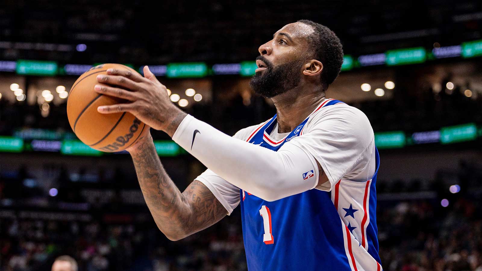 Feb 21, 2026; New Orleans, Louisiana, USA; Philadelphia 76ers center Andre Drummond (1) shoots a three point basket against the New Orleans Pelicans during the first half at Smoothie King Center. Mandatory Credit: Stephen Lew-Imagn Images