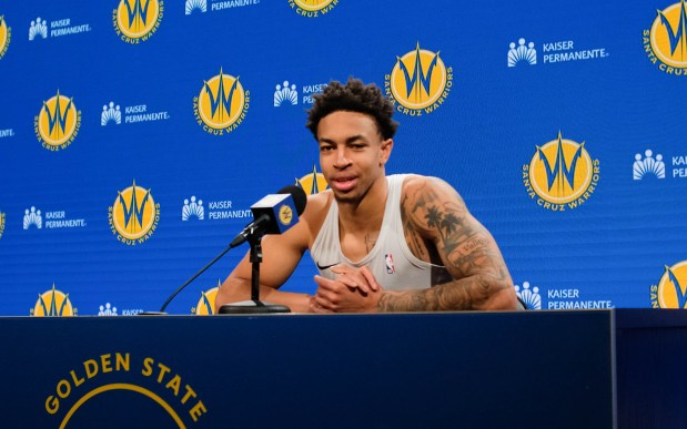 SAN FRANCISCO -- Santa Cruz Warriors guard Chance McMillian, a Vallejo native, answers questions during his postgame interview. The Santa Cruz Warriors beat the San Diego Clippers 122-100 in a G League showcase at Chase Center in San Francisco, Calif. on Sunday, March 1, 2026 (Joseph Dycus/Bay Area News Group)