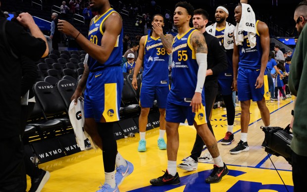 SAN FRANCISCO -- Santa Cruz Warriors guard Chance McMillian (55) walks off the floor with his teammates after the game. The Santa Cruz Warriors beat the San Diego Clippers 122-100 in a G League showcase at Chase Center in San Francisco, Calif. on Sunday, March 1, 2026 (Joseph Dycus/Bay Area News Group)