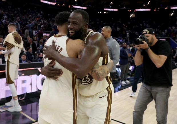 Golden State Warriors' Draymond Green #23 and teammate Will Richard #3 celebrate their 109-106 NBA win against the Brooklyn Nets at the Chase Center in San Francisco, Calif., on Wednesday, March 25, 2026. (Jane Tyska/Bay Area News Group)