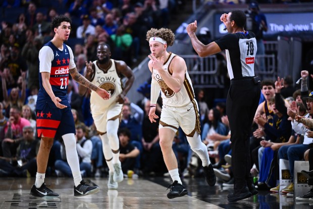 Golden State Warriors guard Brandin Podziemski (2) celebrates after making a 3-point basket in the fourth quarter of their NBA game at Chase Center in San Francisco, Calif., on Friday, March 27, 2026. The Golden State Warriors defeated the Washington Wizards 131-126. (Jose Carlos Fajardo/Bay Area News Group)