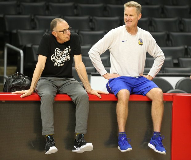 LOS ANGELES, CA - APRIL 26: Golden State Warriors' coaches Ron Adams and head coach Steve Kerr sit and chat during a shootaround ahead of Game 6 of an NBA first round playoff series at Staples Center in Los Angeles, Calif., on Friday, April 27, 2019. (Anda Chu/Bay Area News Group)