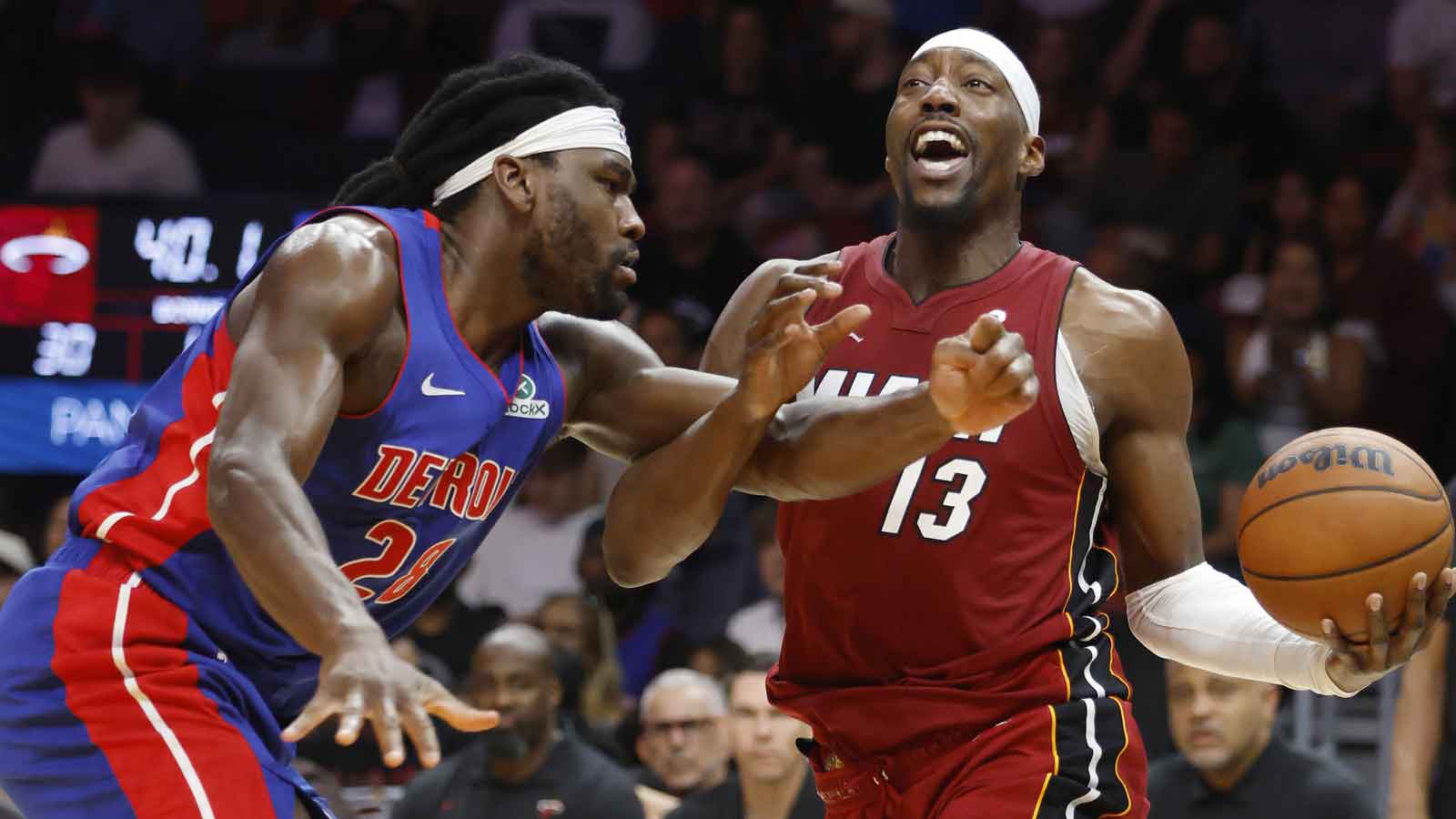Detroit Pistons forward Isaiah Stewart (28) fouls Miami Heat center Bam Adebayo (13) during the first half at Kaseya Center.
