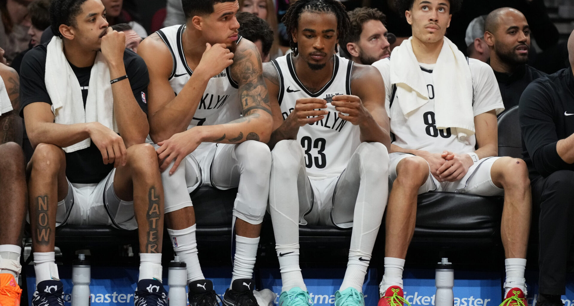 Nets starters Michael Porter Jr., Nic Claxton and rookie Nolan Traoré were forced to watch the reserves keep Brooklyn in the game Tuesday night. Photo: Lynne Sladky/AP