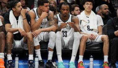Nets starters Michael Porter Jr., Nic Claxton and rookie Nolan Traoré were forced to watch the reserves keep Brooklyn in the game Tuesday night. Photo: Lynne Sladky/AP