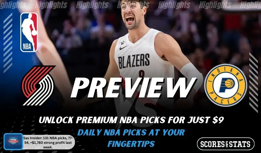 NBA preview graphic for Portland Trail Blazers vs Indiana Pacers featuring both team logos, a matchup-themed background image, and the ScoresAndStats logo.