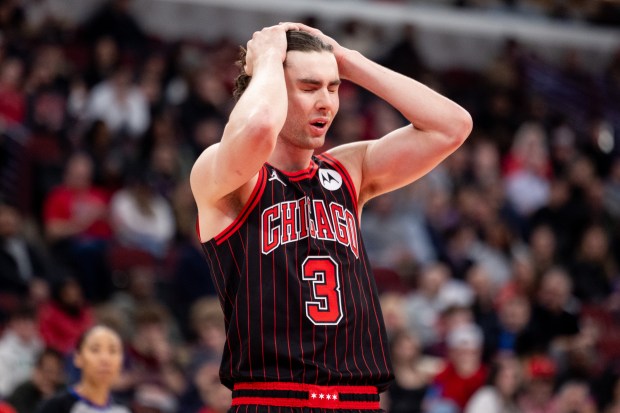 Chicago Bulls guard Josh Giddey (3) reacts in the second half of a game against the Portland Trail Blazers at the United Center in Chicago on Feb. 26, 2026. (Josh Boland/Chicago Tribune)