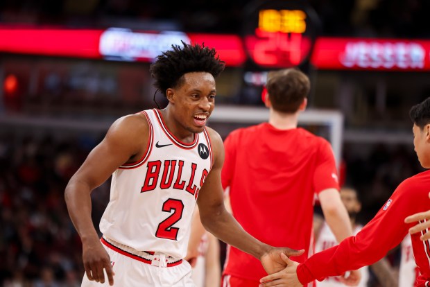 Chicago Bulls guard Collin Sexton (2) celebrates after the Chicago Bulls took the lead against the Milwaukee Bucks during the fourth quarter at the United Center on Sunday, March 1, 2026. (Eileen T. Meslar/Chicago Tribune)