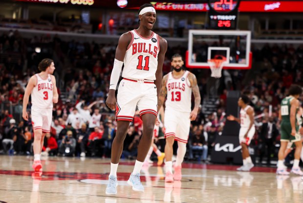 Chicago Bulls forward Leonard Miller (11) celebrates after the Chicago Bulls took an 8-point lead during the fourth quarter against the Milwaukee Bucks at the United Center on Sunday, March 1, 2026. (Eileen T. Meslar/Chicago Tribune)