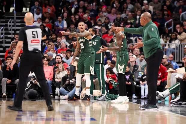 The Milwaukee Bucks bench protests a call during the third quarter against the Chicago Bulls at the United Center on Sunday, March 1, 2026. (Eileen T. Meslar/Chicago Tribune)
