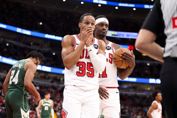 Chicago Bulls forward Isaac Okoro (35) reacts after he was called for a foul during the third quarter against the Milwaukee Bucks at the United Center on Sunday, March 1, 2026. (Eileen T. Meslar/Chicago Tribune)