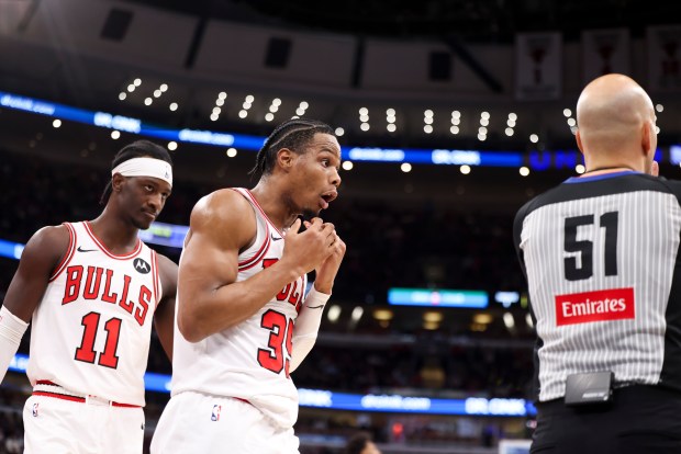 Chicago Bulls forward Isaac Okoro (35) reacts after he was called for a foul during the third quarter against the Milwaukee Bucks at the United Center on Sunday, March 1, 2026. (Eileen T. Meslar/Chicago Tribune)