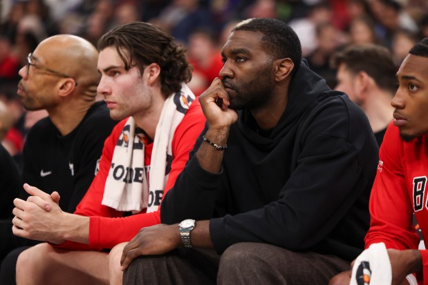 Chicago Bulls forward Patrick Williams sits on the bench during the third quarter against the Milwaukee Bucks at the United Center on Sunday, March 1, 2026. (Eileen T. Meslar/Chicago Tribune)