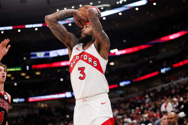 Toronto Raptors forward Brandon Ingram (3) looks before making a three-point shot during the first quarter against the Chicago Bulls at the United Center March 18, 2026 in Chicago. (Armando L. Sanchez/Chicago Tribune)