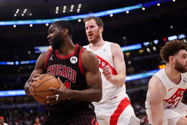 Chicago Bulls forward Patrick Williams (44) grabs a rebound during the fourth quarter against the Toronto Raptors at the United Center March 18, 2026 in Chicago. (Armando L. Sanchez/Chicago Tribune)
