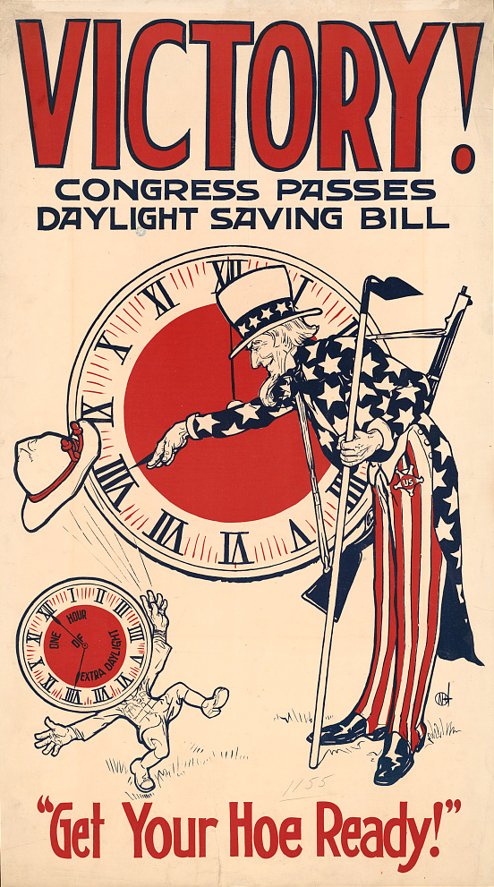 "Victory! Congress passes daylight saving bill." This poster by the United Cigar Stores Co., which features Uncle Sam turning a clock ahead an hour as a clock-headed figure throws his hat in the air, was produced in 1918 to celebrate the extra hour of sunlight provided by the legislation. (Library of Congress)