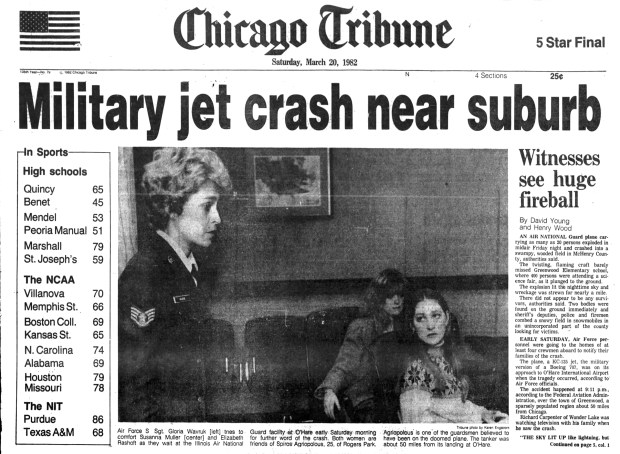 Twenty-seven people aboard a military plane died when it crashed on March 19, 1982 in McHenry County. (Chicago Tribune)