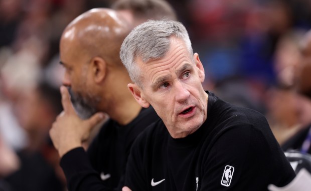 Chicago Bulls head coach Billy Donovan sits on the bench in the first half of a game against the Charlotte Hornets at the United Center in Chicago on Feb. 24, 2026. (Chris Sweda/Chicago Tribune)