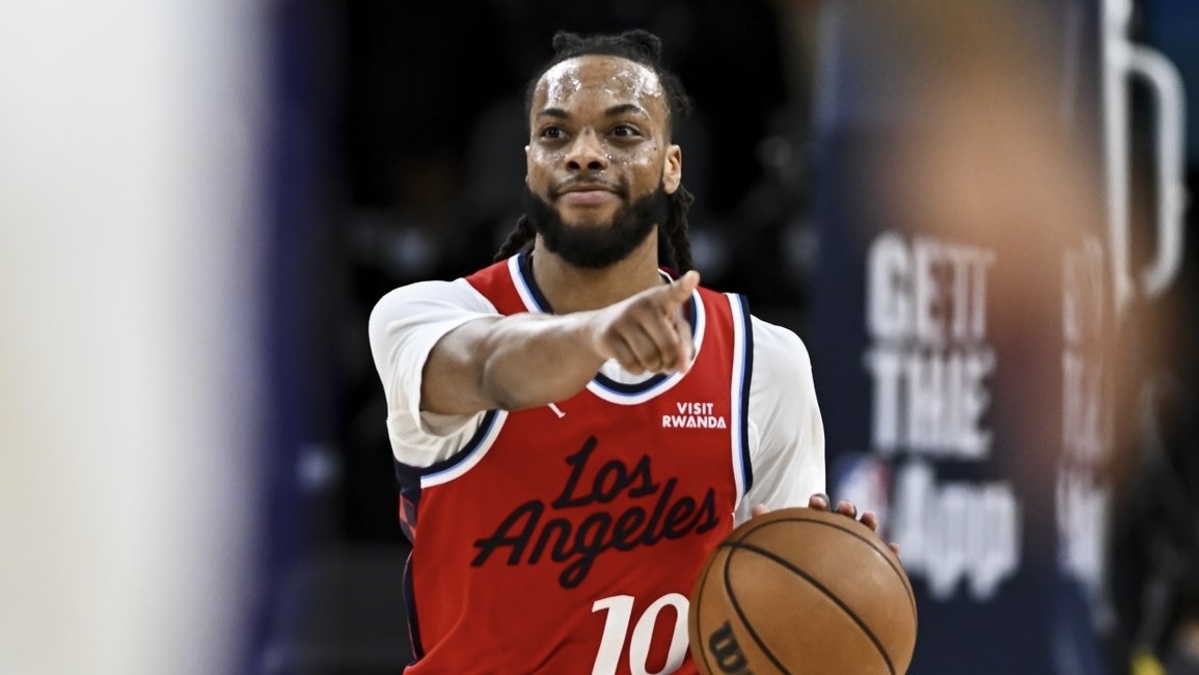 LA Clippers guard Darius Garland (10) points against the Sacramento Kings during the second quarter at Intuit Dome.