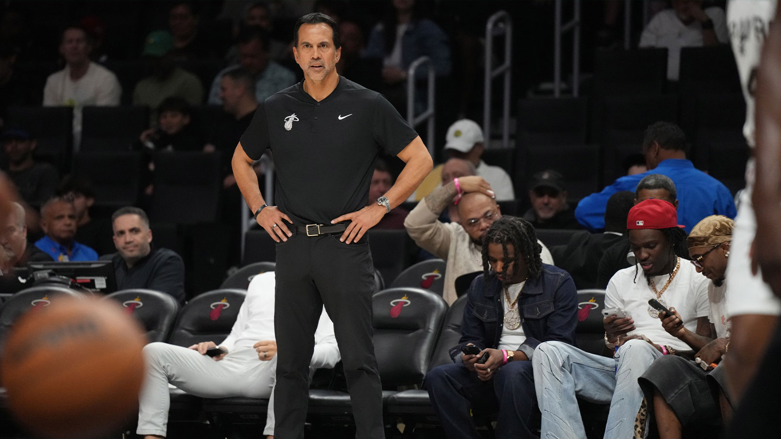Miami Heat head coach Erik Spoelstra looks on from the bench during the second half against the San Antonio Spurs at Kaseya Center.