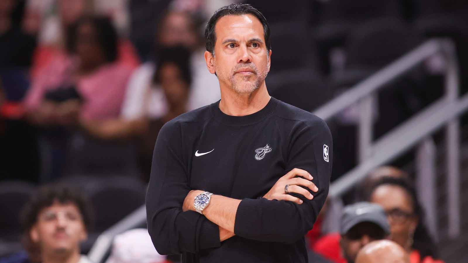 Miami Heat head coach Erik Spoelstra on the sideline against the Atlanta Hawks in the second quarter at State Farm Arena. Mandatory Credit: Brett Davis-Imagn Images