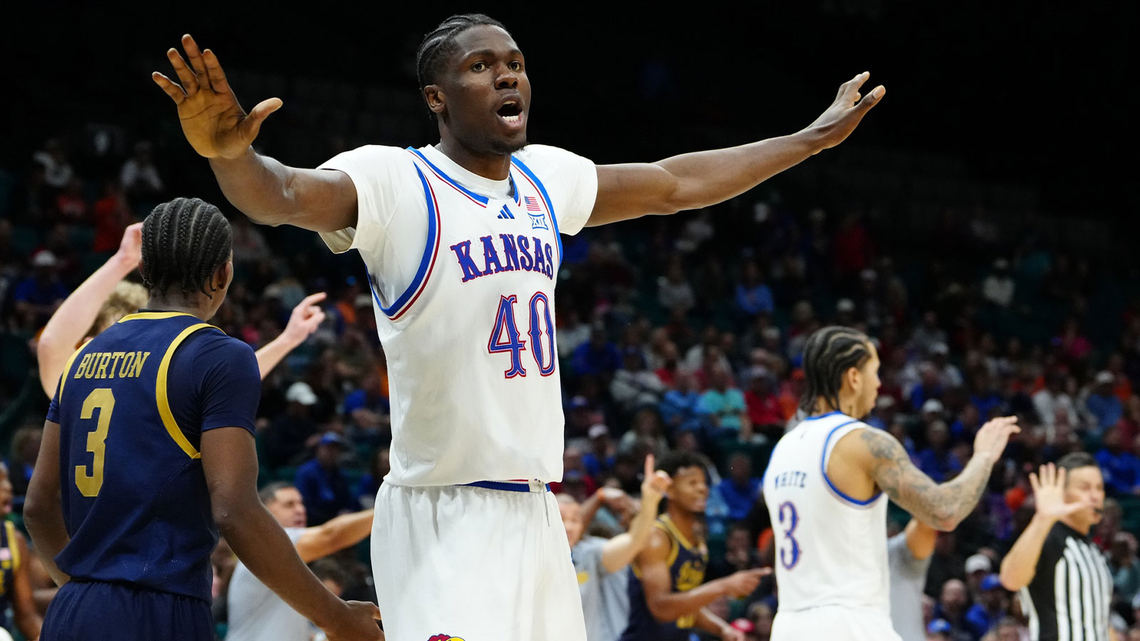 Kansas Jayhawks forward Flory Bidunga (40) reacts on the court against the Notre Dame Fighting Irish during the second half in a 2025 Players Era Festival group play game at MGM Grand Garden Arena.
