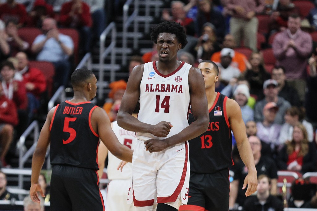 Alabama player Charles Bediako (14) reacting during a game against San Diego State.