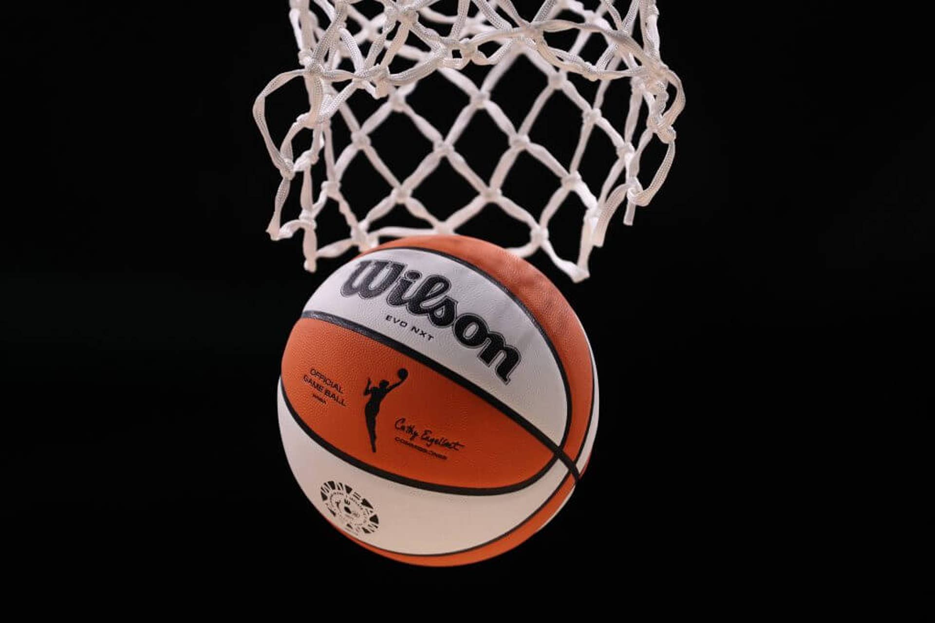 A detail of the WNBA logo is seen on a basketball during warmups between the Seattle Storm and the Connecticut Sun at Climate Pledge Arena on June 20, 2023 in Seattle, Washington.