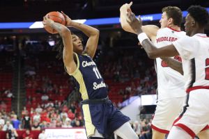 RALEIGH, NC - NOVEMBER 17: Charleston Southern Buccaneers guard A'lahn Sumler (11) is blocked out looking for the shot during the college basketball game between the North Carolina State Wolfpack and the Charleston Southern Buccaneers on November 17, 2023 at PNC Arena in Raleigh, NC. (Photo by Nicholas Faulkner/Icon Sportswire via Getty Images)