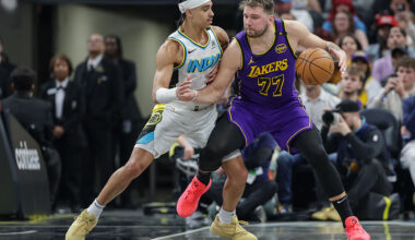 INDIANAPOLIS, INDIANA - MARCH 26: Luka Doncic #77 of the Los Angeles Lakers dribbles against Andrew Nembhard #2 of the Indiana Pacers at Gainbridge Fieldhouse on March 26, 2025 in Indianapolis, Indiana. NOTE TO USER: User expressly acknowledges and agrees that, by downloading and or using this photograph, User is consenting to the terms and conditions of the Getty Images License Agreement. (Photo by Michael Hickey/Getty Images)