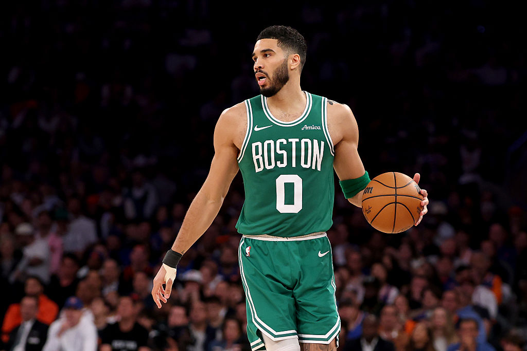 NEW YORK, NEW YORK - MAY 10: Jayson Tatum #0 of the Boston Celtics dribbles against the New York Knicks during the third quarter in Game Three of the Eastern Conference Second Round NBA Playoffs at Madison Square Garden on May 10, 2025 in New York City.