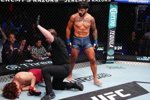 LAS VEGAS, NEVADA - SEPTEMBER 09: Lerryan Douglas of Brazil reacts after a knockout victory against Cam Teague in a featherweight fight during Dana White's Contender Series season nine, week five at UFC APEX on September 09, 2025 in Las Vegas, Nevada. (Photo by Chris Unger/Zuffa LLC via Getty Images)