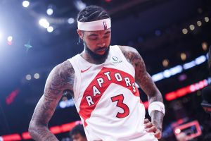 TORONTO, CANADA - OCTOBER 17: Brandon Ingram #3 of the Toronto Raptors looks down during his postgame interview after their preseason NBA game against the Brooklyn Nets at Scotiabank Arena on October 17, 2025 in Toronto, Ontario, Canada. NOTE TO USER: User expressly acknowledges and agrees that, by downloading and/or using this Photograph, user is consenting to the terms and conditions of the Getty Images License Agreement (Photo by Cole Burston/Getty Images)