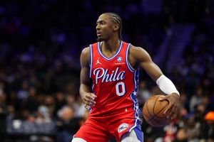 PHILADELPHIA, PENNSYLVANIA - OCTOBER 31: Tyrese Maxey #0 of the Philadelphia 76ers dribbles against the Boston Celtics in the NBA Cup game at Xfinity Mobile Arena on October 31, 2025 in Philadelphia, Pennsylvania.