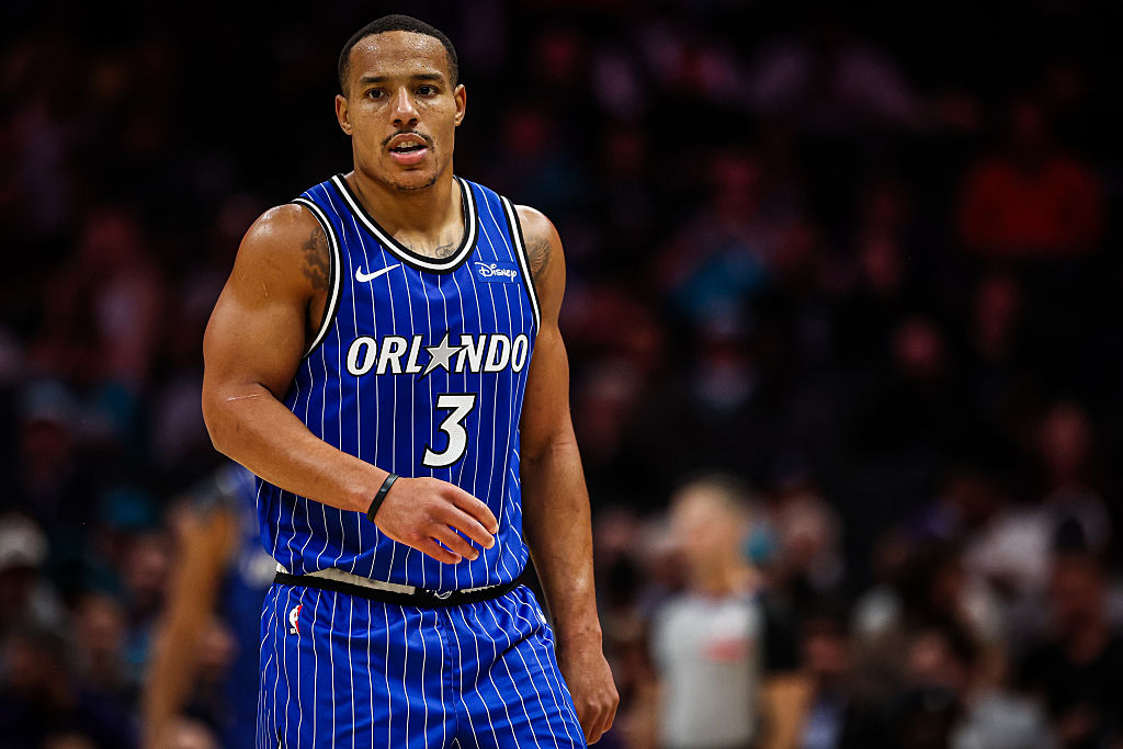 CHARLOTTE, NORTH CAROLINA - OCTOBER 30: Desmond Bane #3 of the Orlando Magic looks on during the first half of a basketball game against the Charlotte Hornets at Spectrum Center on October 30, 2025 in Charlotte, North Carolina. NOTE TO USER: User expressly acknowledges and agrees that, by downloading and or using this photograph, User is consenting to the terms and conditions of the Getty Images License Agreement. (Photo by David Jensen/Getty Images)
