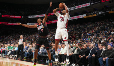 PHILADELPHIA, PA - NOVEMBER 23: Norman Powell #24 of the Miami Heat shoots a three point basket during the game against the Philadelphia 76ers on November 23, 2025 at the Wells Fargo Center in Philadelphia, Pennsylvania NOTE TO USER: User expressly acknowledges and agrees that, by downloading and/or using this Photograph, user is consenting to the terms and conditions of the Getty Images License Agreement. Mandatory Copyright Notice: Copyright 2025 NBAE (Photo by Jesse D. Garrabrant/NBAE via Getty Images)