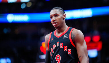 TORONTO, CANADA - NOVEMBER 21: RJ Barrett #9 of the Toronto Raptors looks on against the Washington Wizards during the second half of their basketball game at the Scotiabank Arena on November 21, 2025 in Toronto, Ontario, Canada. NOTE TO USER: User expressly acknowledges and agrees that, by downloading and/or using this Photograph, user is consenting to the terms and conditions of the Getty Images License Agreement. (Photo by Mark Blinch/Getty Images)