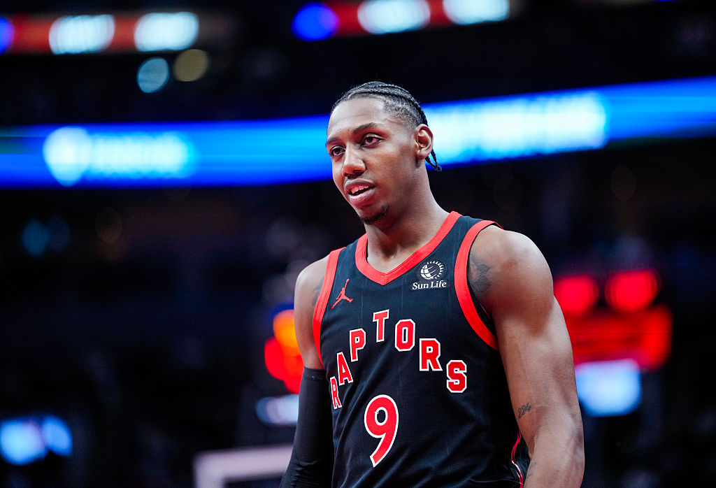 TORONTO, CANADA - NOVEMBER 21: RJ Barrett #9 of the Toronto Raptors looks on against the Washington Wizards during the second half of their basketball game at the Scotiabank Arena on November 21, 2025 in Toronto, Ontario, Canada. NOTE TO USER: User expressly acknowledges and agrees that, by downloading and/or using this Photograph, user is consenting to the terms and conditions of the Getty Images License Agreement. (Photo by Mark Blinch/Getty Images)