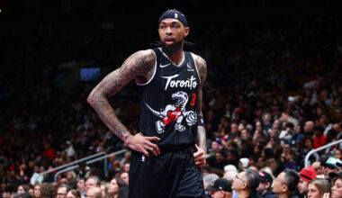 TORONTO, CANADA - DECEMBER 7: Brandon Ingram #3 of the Toronto Raptors looks on during the game against the Boston Celtics on December 7, 2025 at the Scotiabank Arena in Toronto, Ontario, Canada. NOTE TO USER: User expressly acknowledges and agrees that, by downloading and or using this Photograph, user is consenting to the terms and conditions of the Getty Images License Agreement. Mandatory Copyright Notice: Copyright 2025 NBAE (Photo by Vaughn Ridley/NBAE via Getty Images)