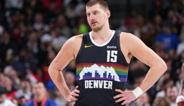 DENVER, CO - DECEMBER 20: Nikola Jokic #15 of the Denver Nuggets looks on during the game against the Houston Rockets on December 20, 2025 at Ball Arena in Denver, Colorado. NOTE TO USER: User expressly acknowledges and agrees that, by downloading and/or using this Photograph, user is consenting to the terms and conditions of the Getty Images License Agreement. Mandatory Copyright Notice: Copyright 2025 NBAE (Photo by Garrett Ellwood/NBAE via Getty Images)
