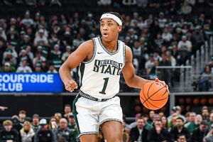 DETROIT, MICHIGAN - DECEMBER 20: Jeremy Fears Jr. #1 of the Michigan State Spartans dribbles the ball up court during the first half of the college basketball game against the Oakland Golden Grizzlies at Little Caesars Arena on December 20, 2025 in Detroit, Michigan. The Michigan State Spartans won the game 79-70. (Photo by Aaron J. Thornton/Getty Images)
