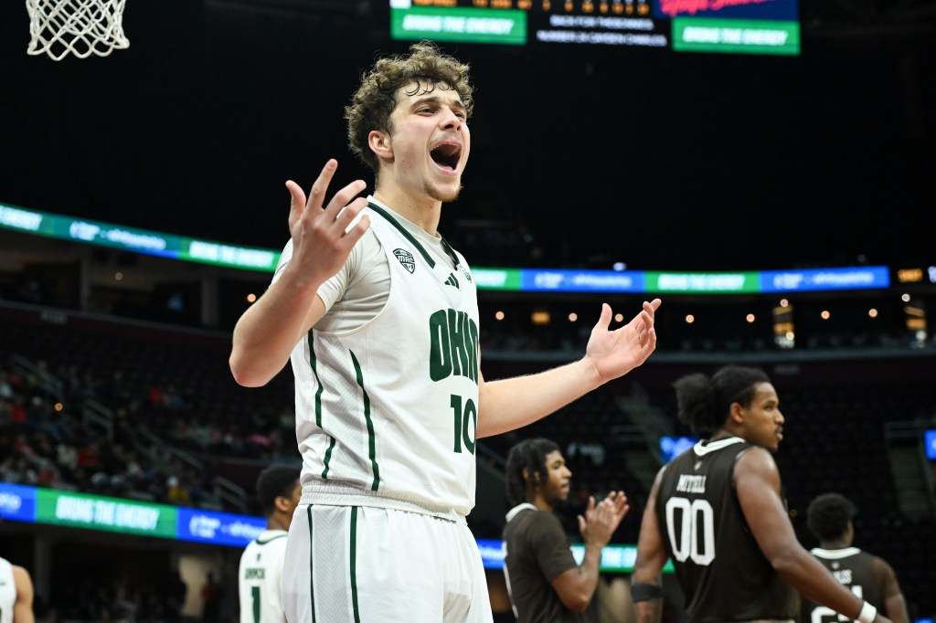  Aidan Hadaway #10 of the Ohio Bobcats reacts during the second half of the 2025 Cleveland Hoops Showdown against the St. Bonaventure Bonnies.