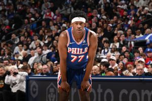 PHILADELPHIA, PA - JANUARY 19: VJ Edgecombe #77 of the Philadelphia 76ers looks on during the game against the Indiana Pacers on January 19, 2026 at the Wells Fargo Center in Philadelphia, Pennsylvania NOTE TO USER: User expressly acknowledges and agrees that, by downloading and/or using this Photograph, user is consenting to the terms and conditions of the Getty Images License Agreement. Mandatory Copyright Notice: Copyright 2026 NBAE (Photo by David Dow/NBAE via Getty Images)