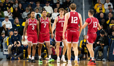 ANN ARBOR, MICHIGAN - JANUARY 20: The Indiana Hoosiers walk on the court during the first half against the Michigan Wolverines at Crisler Arena on January 20, 2026 in Ann Arbor, Michigan. (Photo by Jaime Crawford/Getty Images)