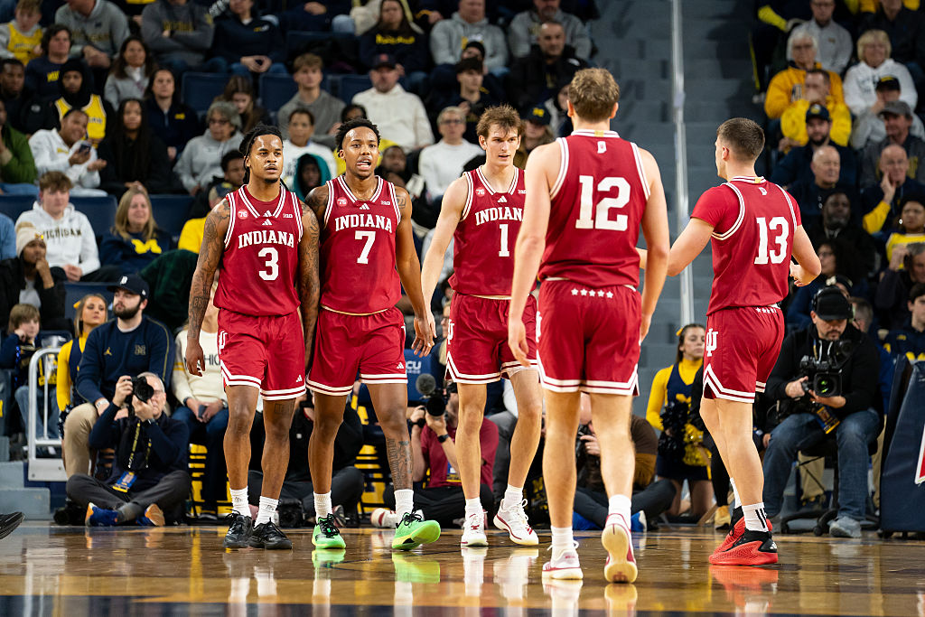 ANN ARBOR, MICHIGAN - JANUARY 20: The Indiana Hoosiers walk on the court during the first half against the Michigan Wolverines at Crisler Arena on January 20, 2026 in Ann Arbor, Michigan. (Photo by Jaime Crawford/Getty Images)