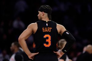 NEW YORK, NEW YORK - JANUARY 27: Josh Hart #3 of the New York Knicks reacts during the second half against the Sacramento Kings at Madison Square Garden on January 27, 2026 in New York City. (Photo by Adam Hunger/Getty Images)
