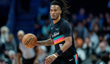 CHARLOTTE, NORTH CAROLINA - JANUARY 31: Stephon Castle #5 of the San Antonio Spurs plays against the Charlotte Hornets during their game at Spectrum Center on January 31, 2026 in Charlotte, North Carolina. NOTE TO USER: User expressly acknowledges and agrees that, by downloading and or using this photograph, User is consenting to the terms and conditions of the Getty Images License Agreement. (Photo by Jacob Kupferman/Getty Images)
