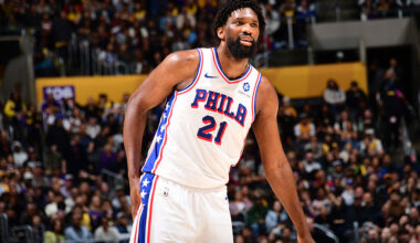 LOS ANGELES, CA - FEBRUARY 5: Joel Embiid #21 of the Philadelphia 76ers smiles during the game against the Los Angeles Lakers on February 5, 2026 at Crypto.Com Arena in Los Angeles, California. NOTE TO USER: User expressly acknowledges and agrees that, by downloading and/or using this Photograph, user is consenting to the terms and conditions of the Getty Images License Agreement. Mandatory Copyright Notice: Copyright 2026 NBAE (Photo by Adam Pantozzi/NBAE via Getty Images)