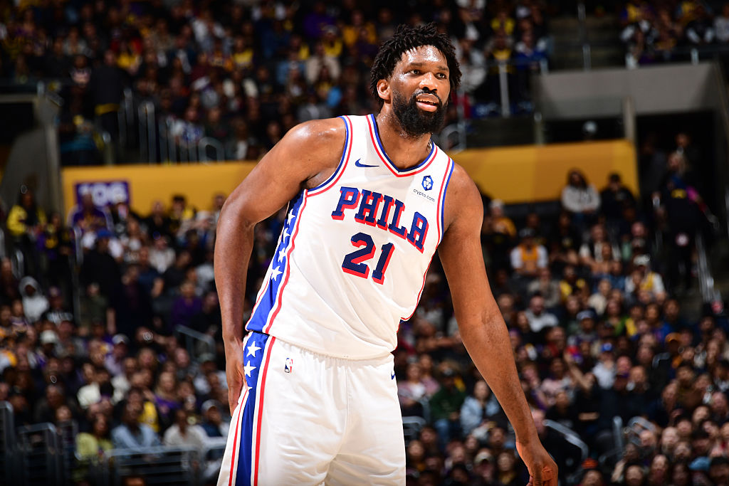 LOS ANGELES, CA - FEBRUARY 5: Joel Embiid #21 of the Philadelphia 76ers smiles during the game against the Los Angeles Lakers on February 5, 2026 at Crypto.Com Arena in Los Angeles, California. NOTE TO USER: User expressly acknowledges and agrees that, by downloading and/or using this Photograph, user is consenting to the terms and conditions of the Getty Images License Agreement. Mandatory Copyright Notice: Copyright 2026 NBAE (Photo by Adam Pantozzi/NBAE via Getty Images)